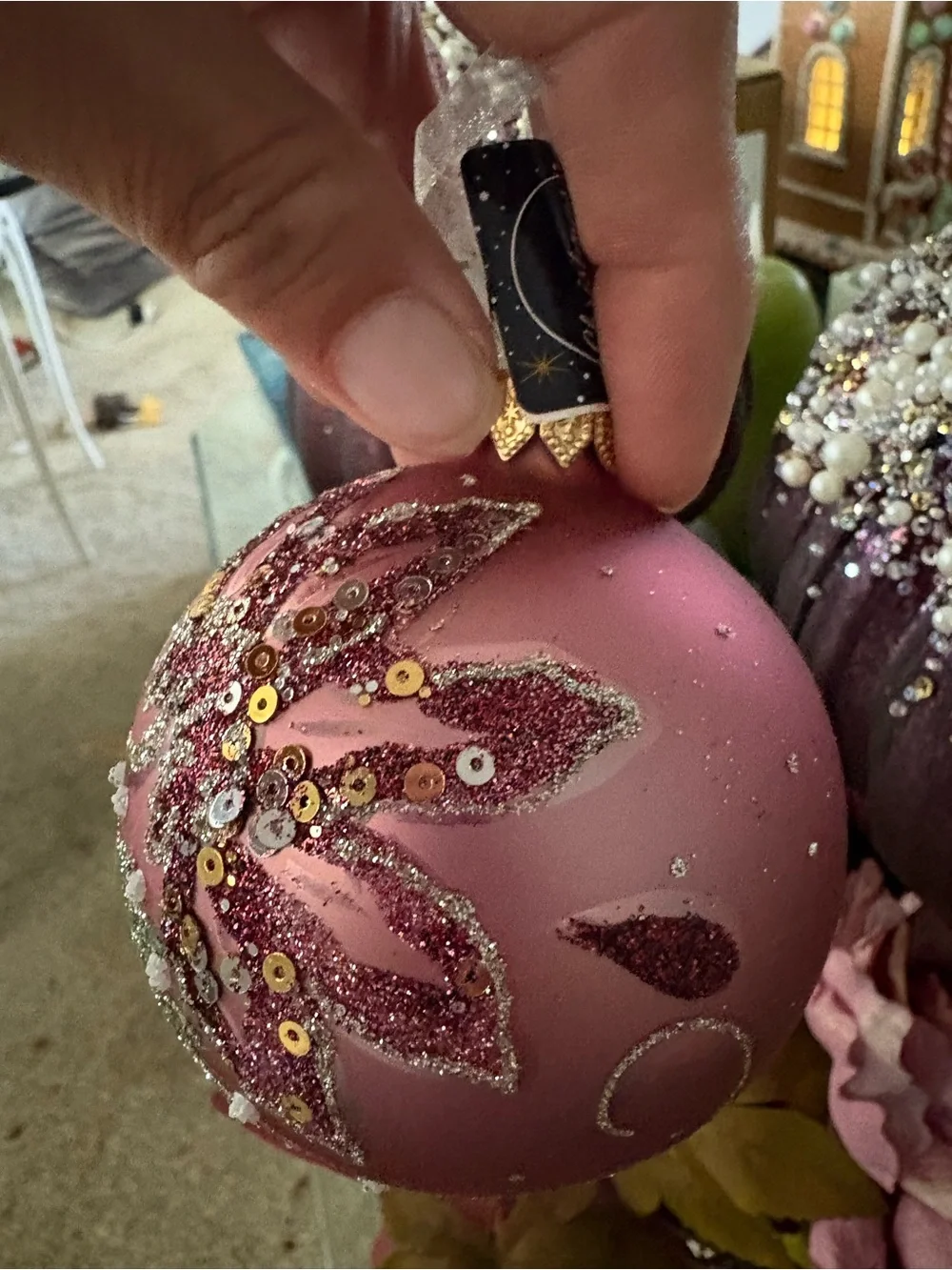 Set of 6 Hand-Painted Pink Floral Glass Ornaments